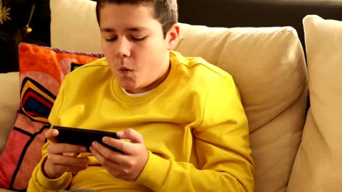 英俊的少年坐在沙发上，在家使用智能手机