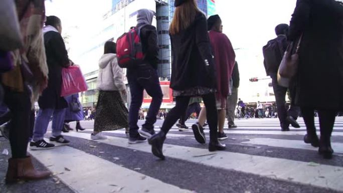 高清慢动作低角度视角拥挤行人的城市景观男女游客步行穿越涩谷街人行横道，交通信号灯在日本东京市涩谷的道