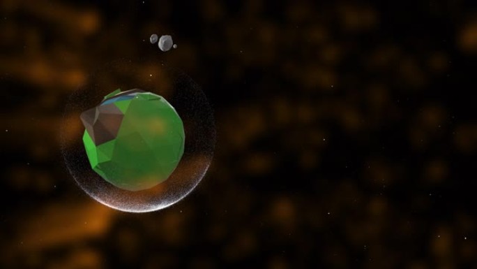 在向黑暗空间辐射波的环境中，旋转的多边形行星的动画动画片。