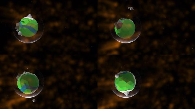在向黑暗空间辐射波的环境中，旋转的多边形行星的动画动画片。