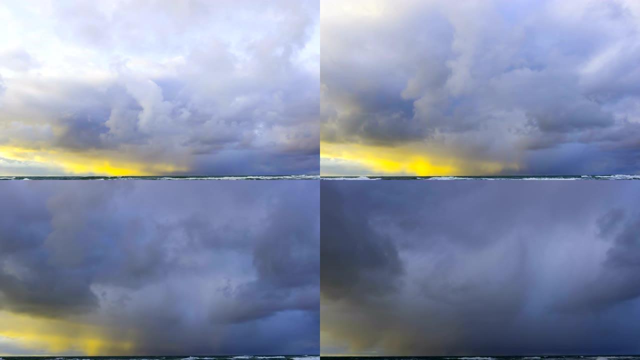 黑暗而戏剧性的风暴云区背景。时间流逝。日落时史诗般的风暴热带云。太平洋沿岸。棕榈滩。延时4K UHD
