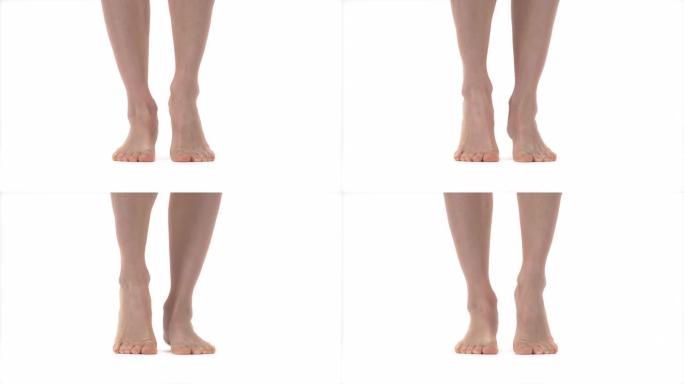 女性修长美丽的腿从脚跟到脚趾站立。特写的美丽的腿赤脚。孤立，在白色背景上