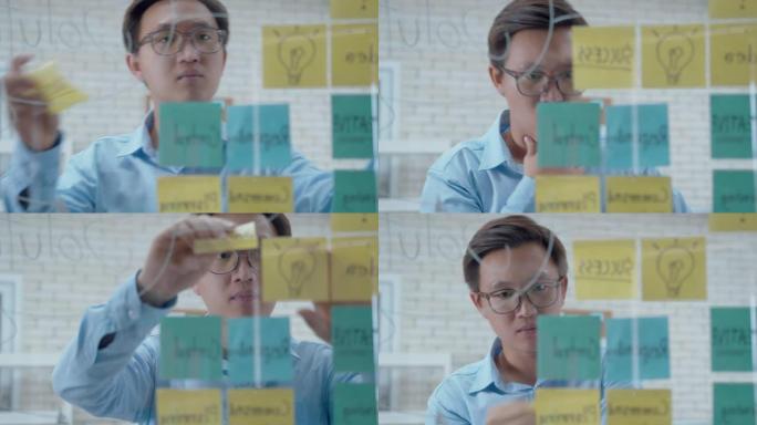 有吸引力的亚洲商人在玻璃白板上写作的特写镜头分享想法和商业战略规划