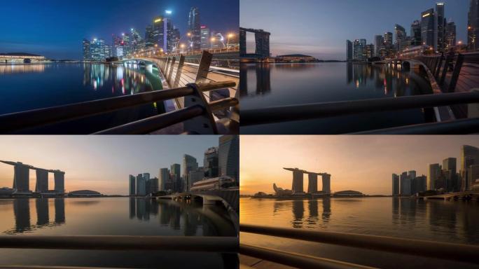 新加坡城市中央商务区大楼滨海湾的新加坡天际线移动的昼夜场景