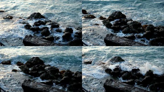 海景。大浪在爱奥尼亚海岸边破碎。希腊。慢动作。高清