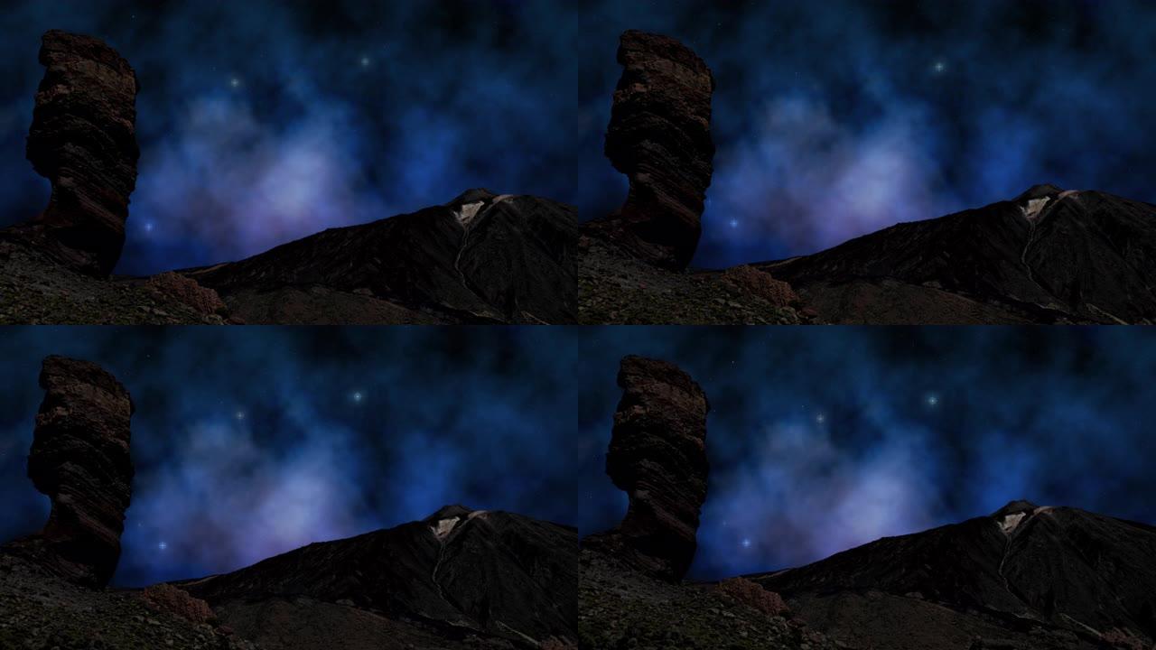 闪烁的星星和特内里费岛Roque Cinchado和Teide山后面的milkyway