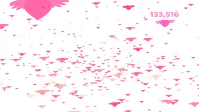 百万浅粉色心形翅膀飞翔和计数和情人节文本
