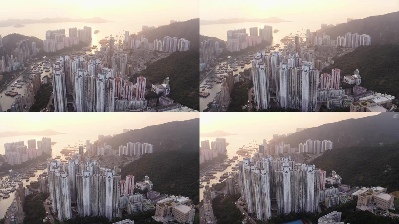 香港空中v153飞越香港仔地区，日落时分可欣赏市景