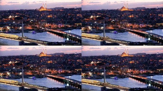晚上的伊斯坦布尔，横跨金角湾的桥梁。阿塔图尔克桥与金角桥夜景