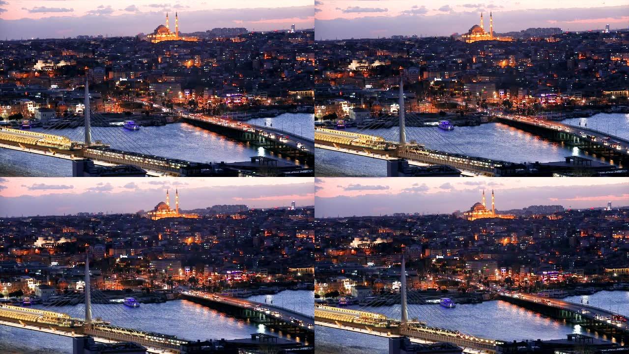 晚上的伊斯坦布尔，横跨金角湾的桥梁。阿塔图尔克桥与金角桥夜景