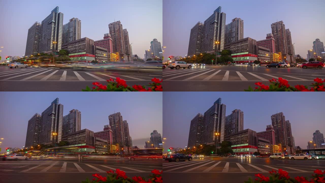 黄昏日落照明长沙市交通街道十字路口全景延时4k中国