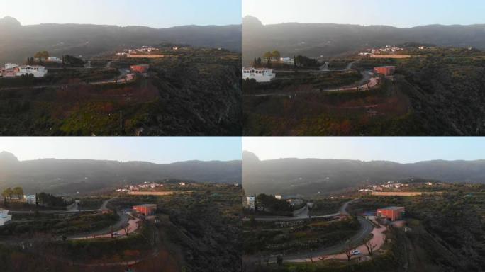 西班牙阿利坎特日出时拉瓦尔·德·拉加尔村的鸟瞰图。