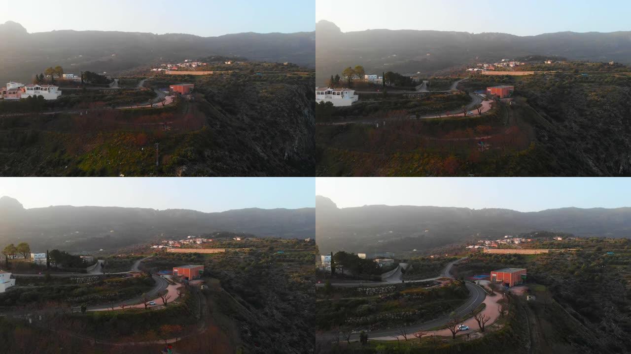 西班牙阿利坎特日出时拉瓦尔·德·拉加尔村的鸟瞰图。