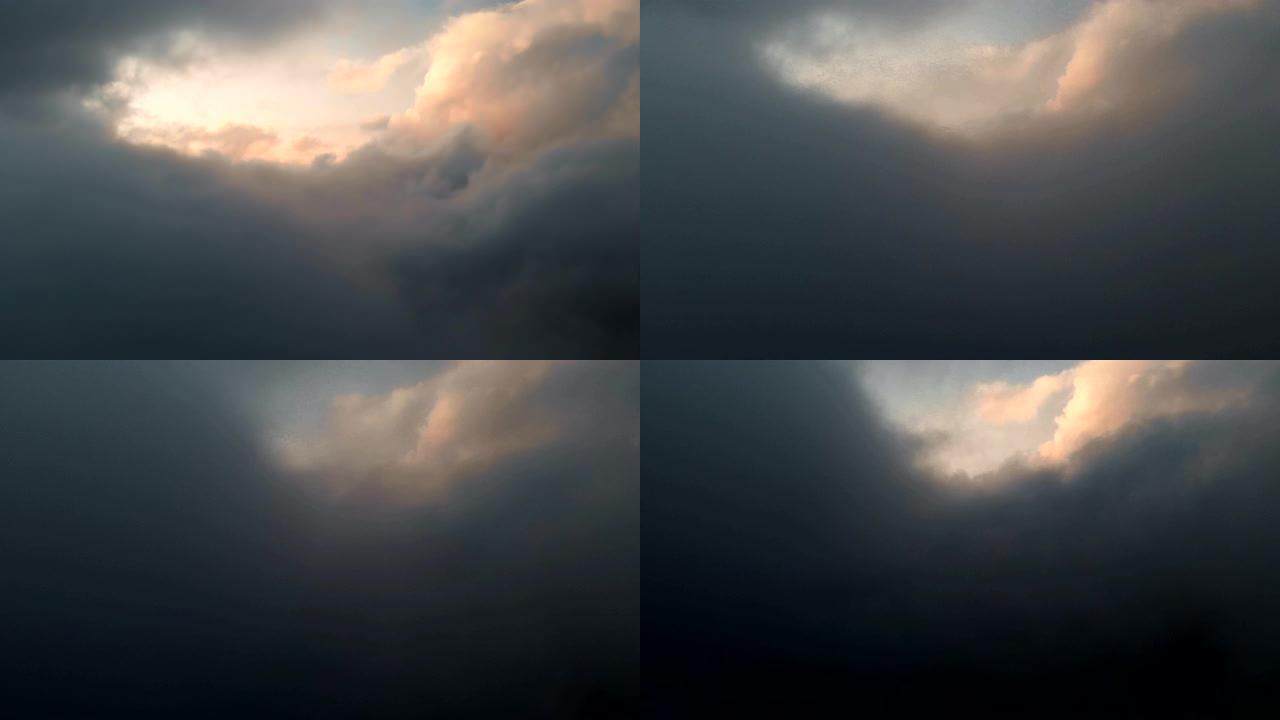鸟瞰图在日落时飞过积云雷云。高对比度的金色日落云度。真正的天空。梦想的概念和天气预报