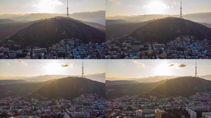 第比利斯超流、日落和姆塔兹明达山上的光线，由DJI Mavic 2专业无人机4K拍摄