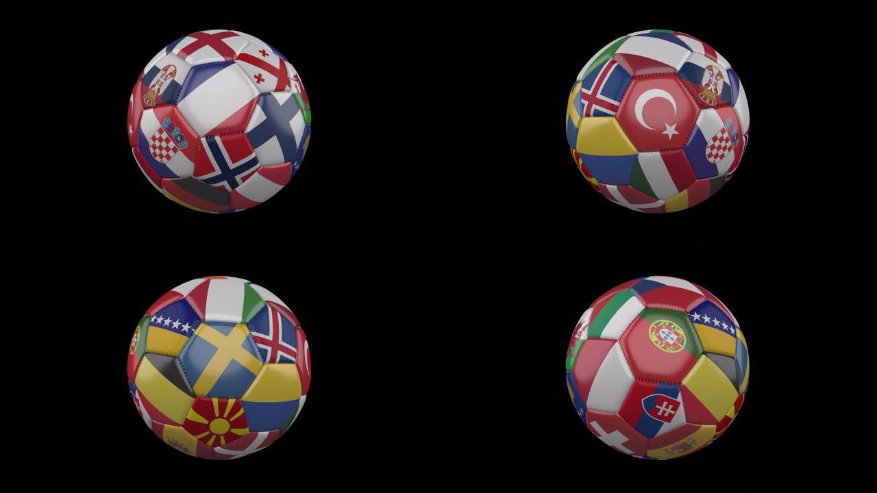 足球上的欧洲旗帜在透明的4k镜头上旋转，带有alpha，循环4