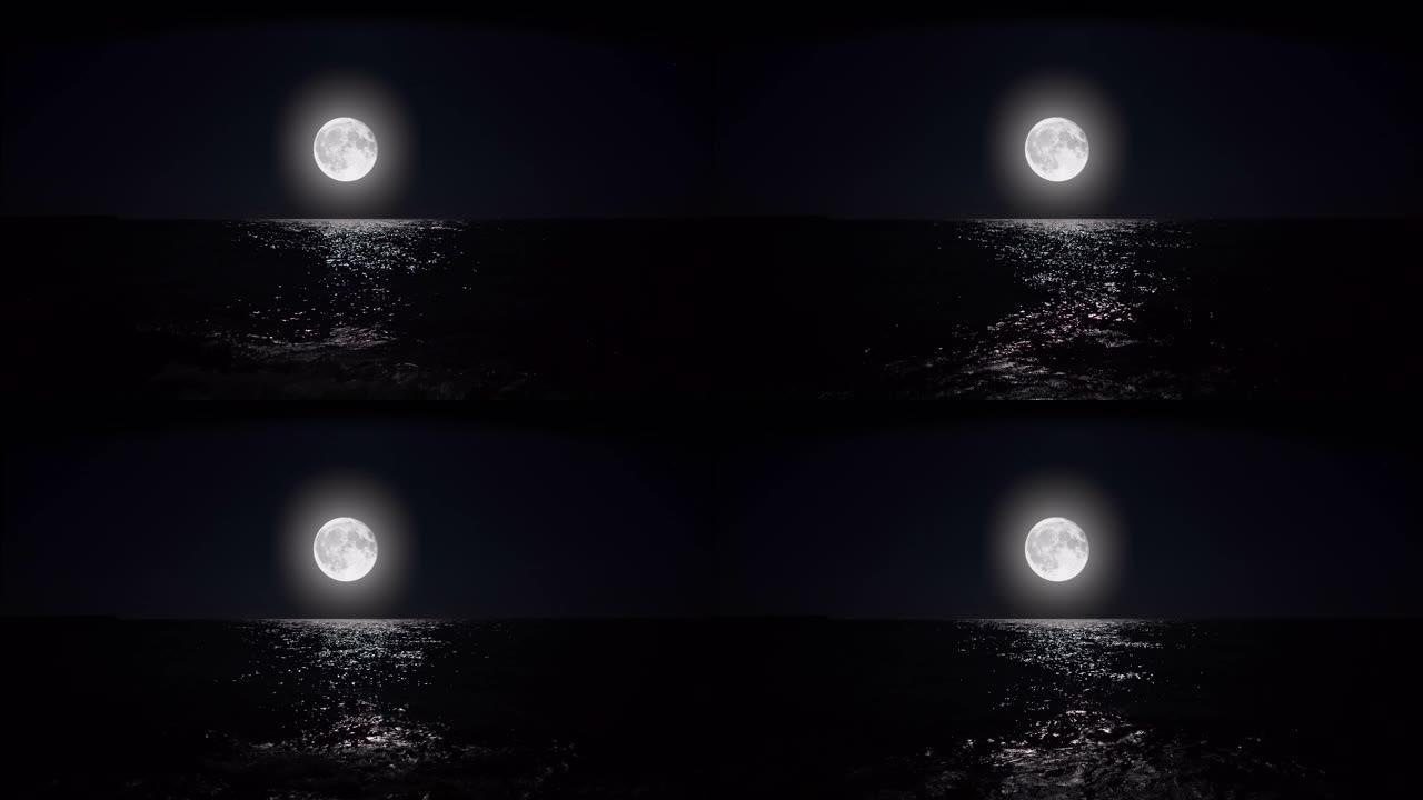 夜晚的大圆月在水面上反射。
