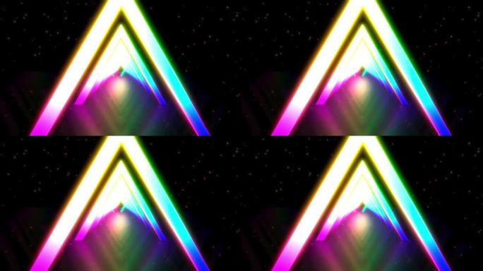 发光霓虹色三角隧道。激光表演循环背景。无缝循环动画，紫外蓝紫色光谱4K