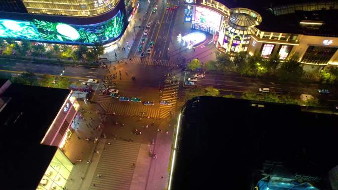 杭州西湖龙翔桥步行街夜景航拍