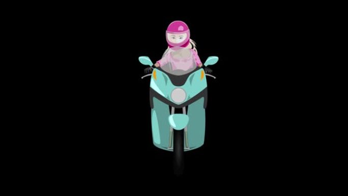 经典踏板车与女孩骑手前视图涂鸦风格循环动画