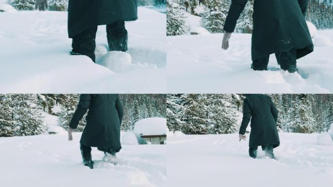 女人在深雪中徒步旅行