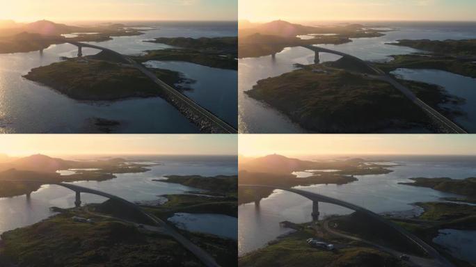 鸟瞰图。飞越挪威罗弗敦群岛弗雷德万大桥，
