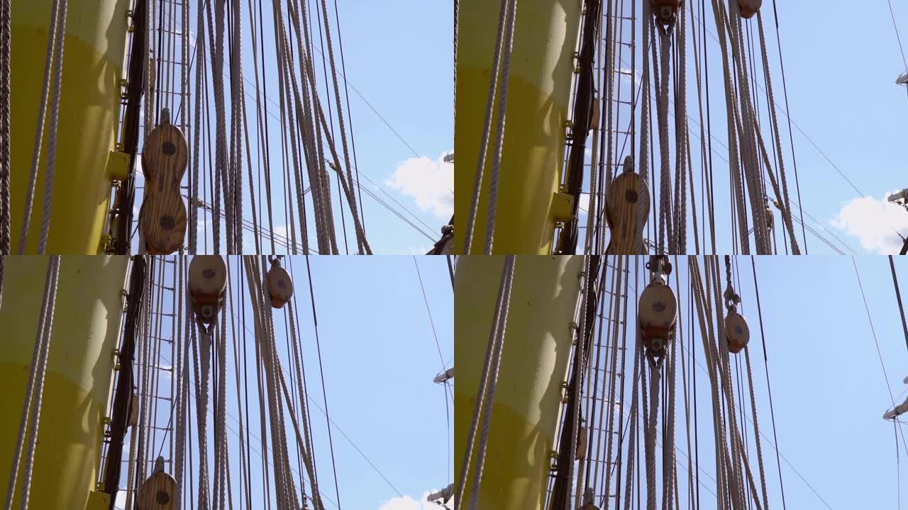 慢动作中历史悠久的帆船中的绳索和卷轴的细节