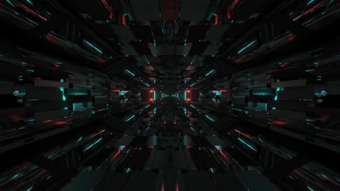 3d插图运动背景vj循环与未来的科幻机库隧道走廊与美好的反射和黑暗的气氛，科幻3d渲染现场壁纸艺术俱