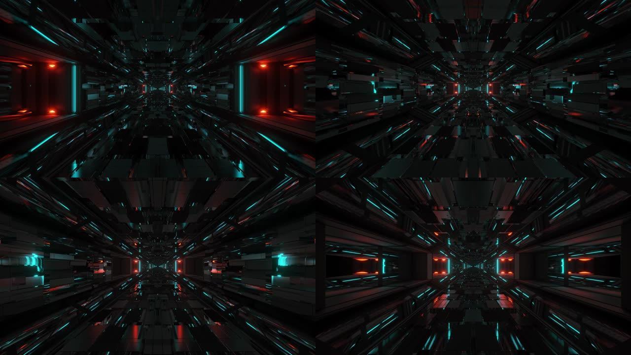 3d插图运动背景vj循环与未来的科幻机库隧道走廊与美好的反射和黑暗的气氛，科幻3d渲染现场壁纸艺术俱