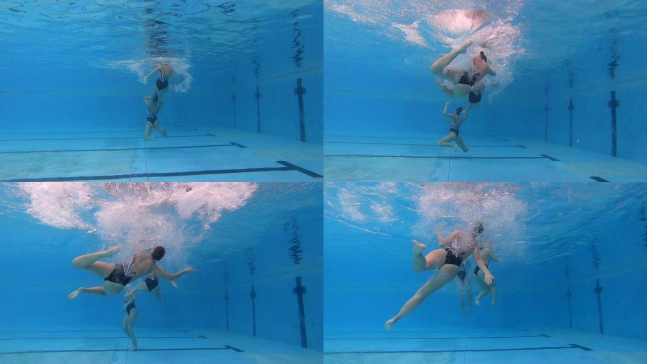 一名女子在花样游泳编舞中跳出水面的水下视频