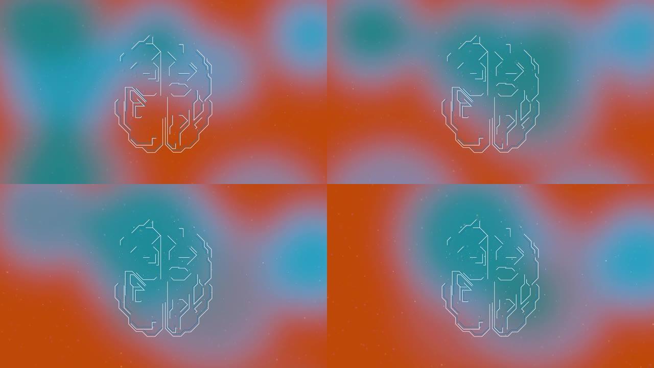 人脑在蓝橙色背景上旋转的动画3d模型，并产生脑电波脉冲。