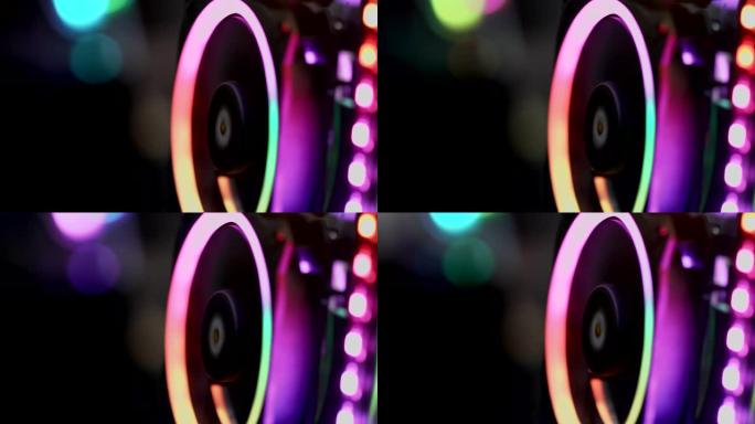 电脑RGB游戏的特写镜头，由彩色发光二极管照明