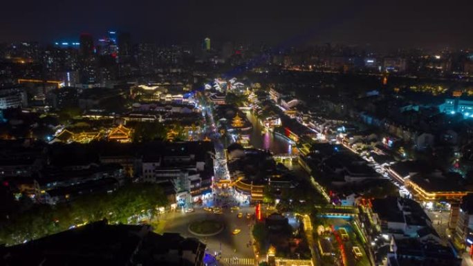 夜间照明南京市著名旅游古城广场交通河空中延时全景4k中国