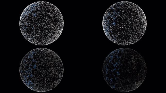 在黑色背景上旋转的白色圆形粒子和丛网络的简约球体。