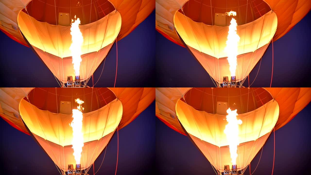 热气球的场景慢动作，气球中的火焰爆发