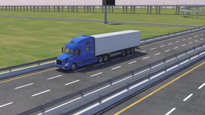 带有货运拖车的半卡车在高速公路上行驶的后续镜头
