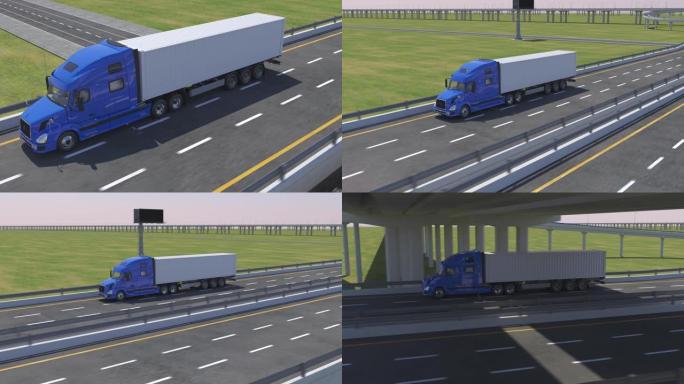 带有货运拖车的半卡车在高速公路上行驶的后续镜头