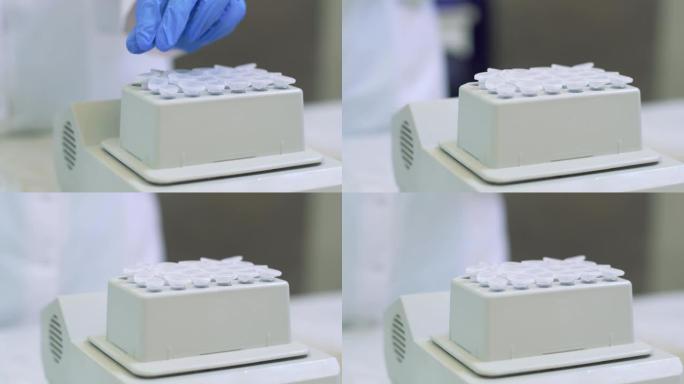 实验室工作人员将样品放入托盘中，在医学实验室中分析免疫病毒