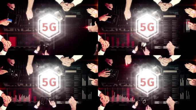 人们互动的会议桌中央的5g按钮