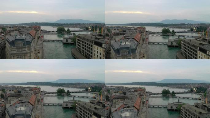 暮光之城日内瓦市河空中湖泊全景4k瑞士
