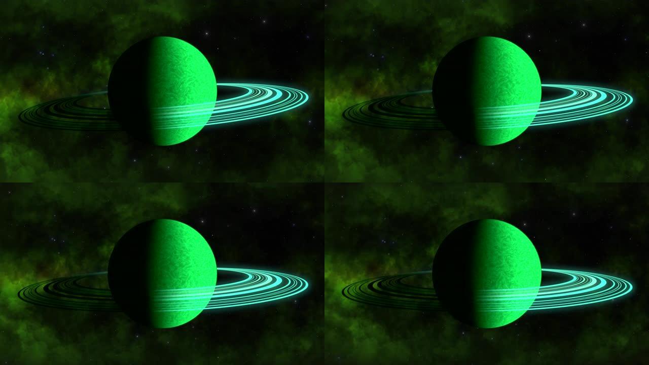 太阳系中带有行星环系统的绿色行星