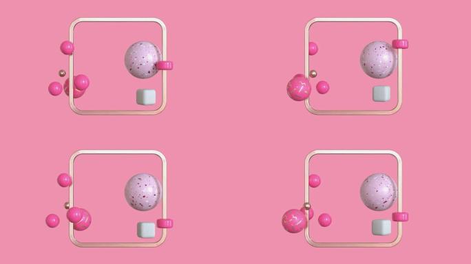3d渲染运动图形粉色几何形状和金色方形框架