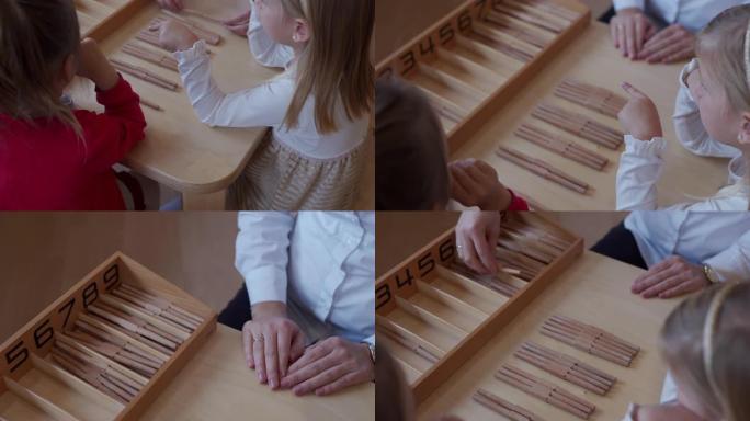 好奇的女孩在幼儿园学习如何玩益智玩具