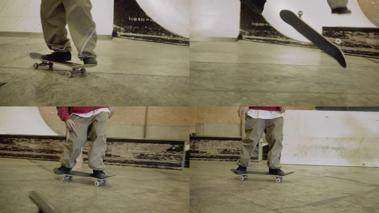 滑板技巧kickflip在滑板场室内制作 (慢动作)