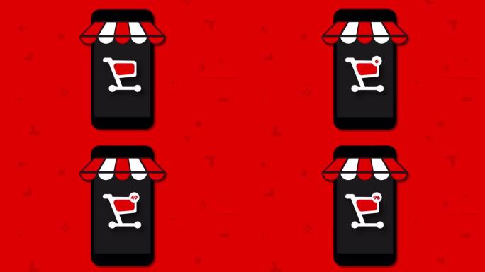 标记电话中的动画购物车。红色背景上的计数器0-100。运动图形