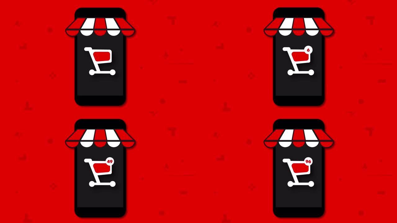 标记电话中的动画购物车。红色背景上的计数器0-100。运动图形
