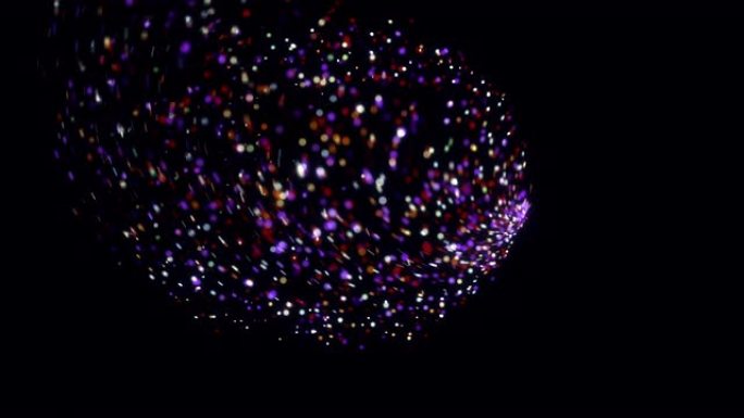 黑色背景上有闪闪发光的星尘颗粒尾巴的飞行彗星，无缝循环。动画。太空体移动并在其背后留下五颜六色的痕迹