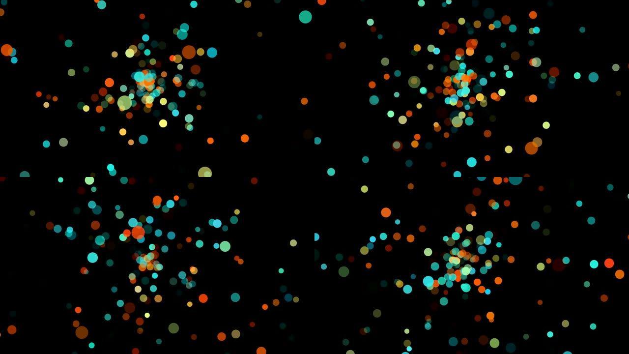 孤立黑色背景上的抽象圆粒子运动。许多绿色蓝色黄色红色橙色和棕色圆形。一组五颜六色的景点。4k镜头视频
