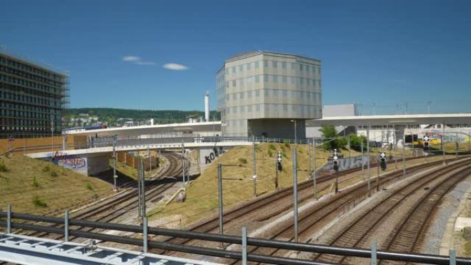 苏黎世市工业区铁路火车交通桥全景4k瑞士