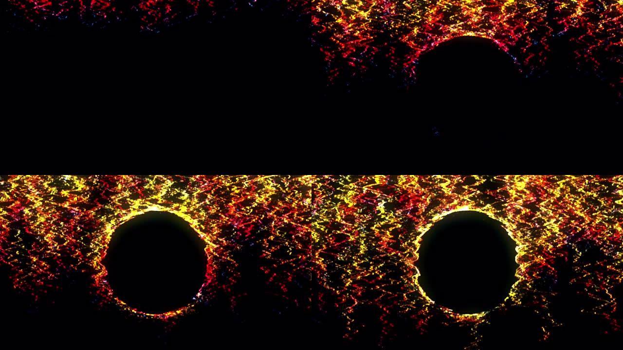 抽象彩色圆点以螺旋形式落在黑色空圆圈周围，作为铭文的空间。动画。节日bokeh背景